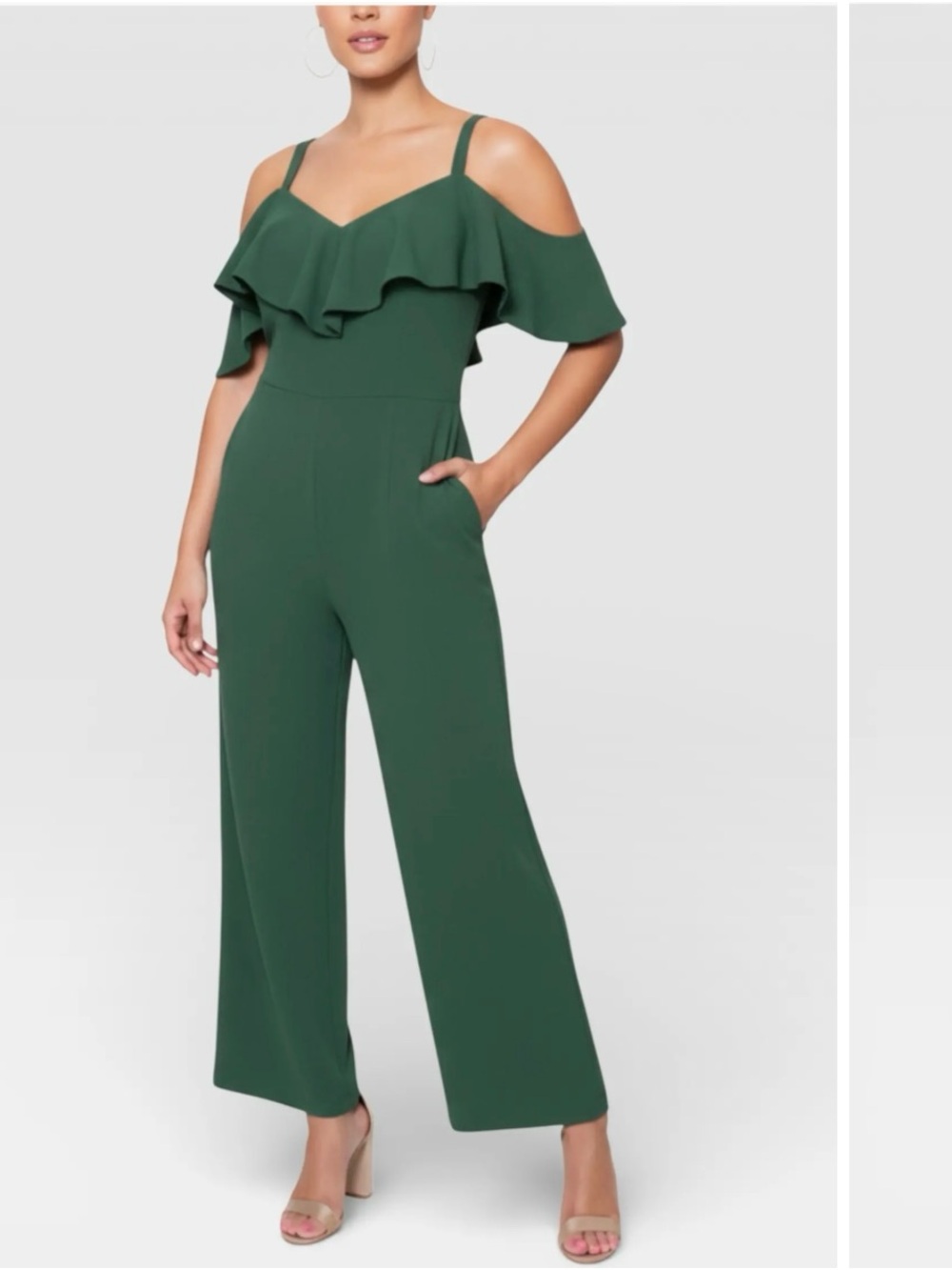 Rachel Roy Emerald Green Shoulder Ruffle Wide-Leg Jumpsuit
